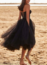 A-Line Sweetheart Sleeveless Tea-Length Tulle Homecoming Dresses-Ballbella