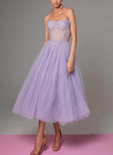 A-Line Sweetheart Sleeveless Tea-Length Tulle Homecoming Dresses-Ballbella