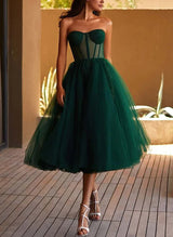 A-Line Sweetheart Sleeveless Tea-Length Tulle Homecoming Dresses-Ballbella
