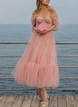 A-Line Sweetheart Sleeveless Tea-Length Tulle Homecoming Dresses-Ballbella