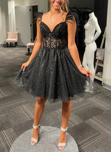 A-Line Sweetheart Sleeveless Tulle Homecoming Dresses With Appliques Lace-Ballbella