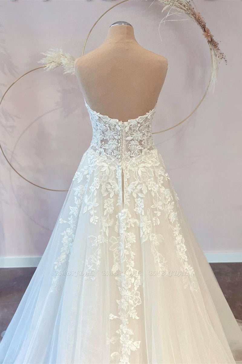 A-Line Sweetheart Strapless Floor-length Sleeveless Backless Appliques Lace Wedding Dress-Ballbella