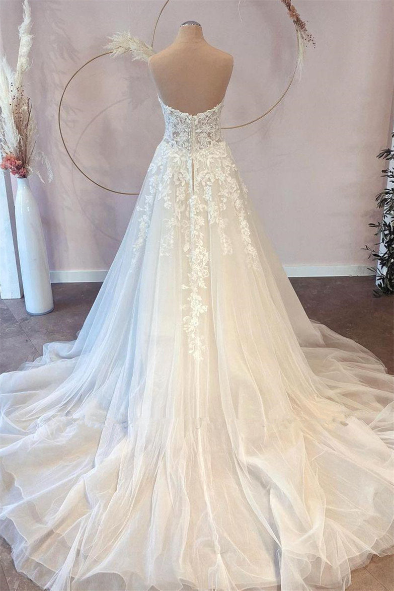 A-Line Sweetheart Strapless Floor-length Sleeveless Backless Appliques Lace Wedding Dress-Ballbella