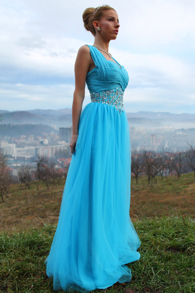 rhinestone prom dress A-line Sweetheart Wide Strap Floor Length Chiffon Rhinestone Prom Dress