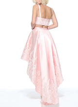 A-Line Two Pieces Sweetheart Asymmetrical Lace/Satin Homecoming Dresses-Ballbella