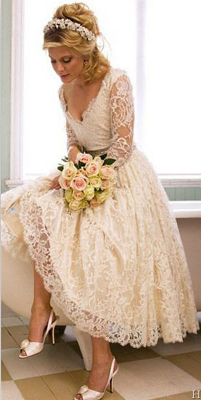 Ballbella custom white lace tea length wedding dresses in high quality at factory price, saving your money and making you shinning at your party.