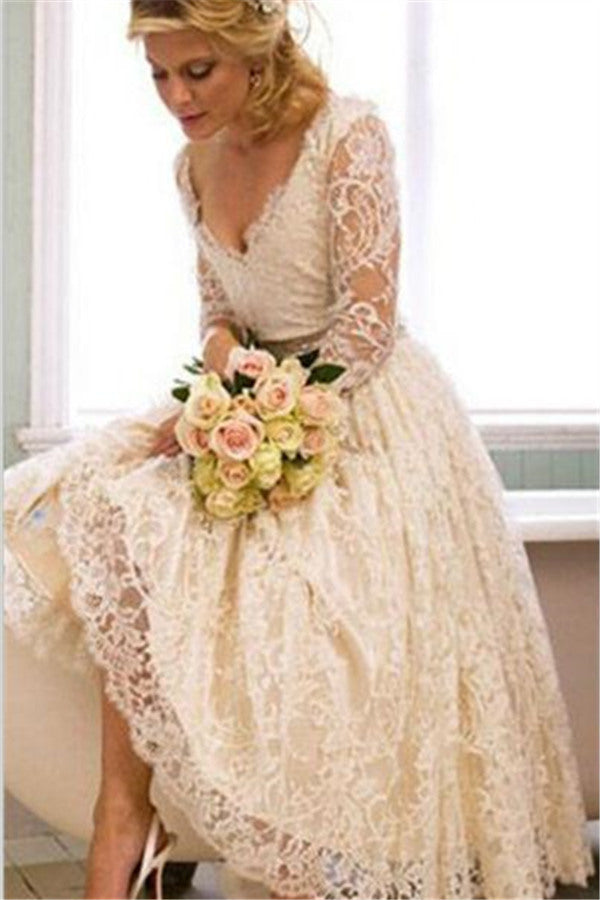 A Line V Neck 3/4 Long Sleeves Lace Wedding Dress New Arrival Tea Length Plus Size Bridal Gown-Ballbella