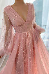A-line V-neck Beaded Tulle Floor-length Long Sleeve Classy Prom Dress-Ballbella
