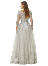 A-line V-neck Beading Floor-length Long Sleeve Open Back Lace Prom Dress-Ballbella