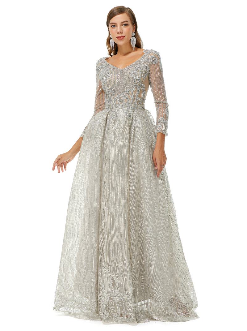 A-line V-neck Beading Floor-length Long Sleeve Open Back Lace Prom Dress-Ballbella