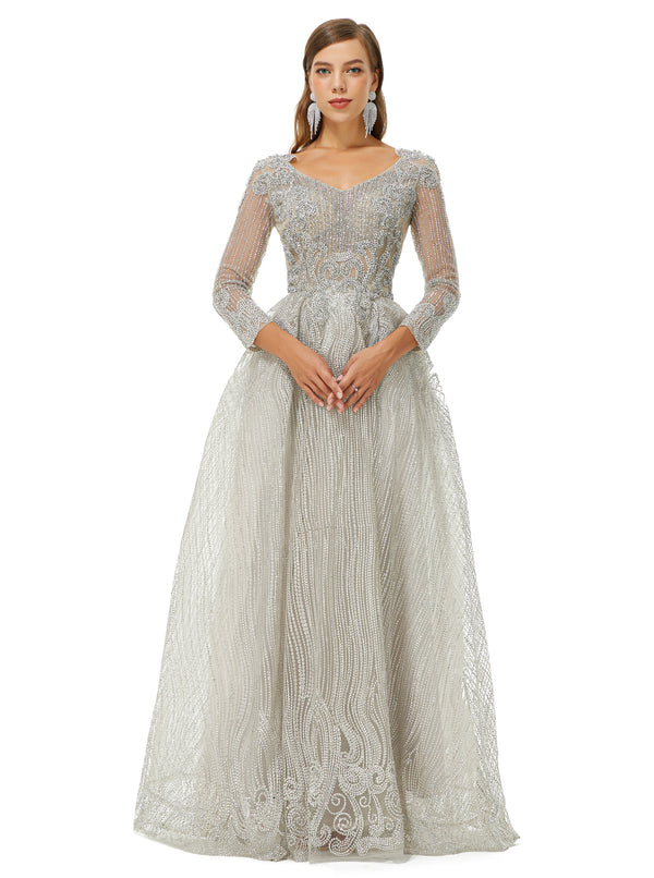 A-line V-neck Beading Floor-length Long Sleeve Open Back Lace Prom Dress-Ballbella