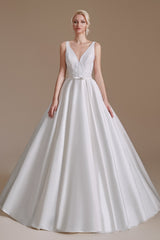A Line V Neck Floor Length Applique Wedding Dress | Ballbella Design-Ballbella