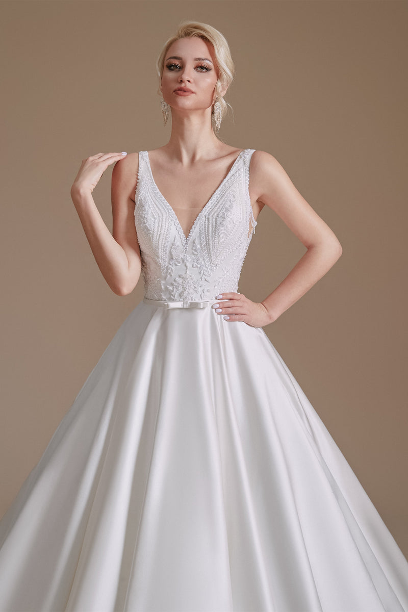 A Line V Neck Floor Length Applique Wedding Dress | Ballbella Design A Line V Neck Floor Length Applique Wedding Dress | Ballbella Design