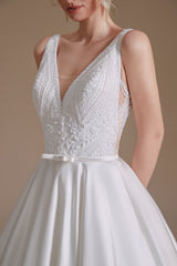 A Line V Neck Floor Length Applique Wedding Dress | Ballbella Design-Ballbella