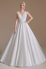 A Line V Neck Floor Length Applique Wedding Dress | Ballbella Design-Ballbella