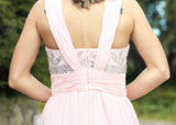 A-line V-neck Floor Length Chiffon Rhinestone Backless Prom Dress-Ballbella