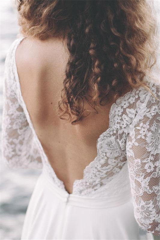 A-Line V-neck Floor-length Long Sleeve Lace Appliques Lace Wedding Dress-Ballbella