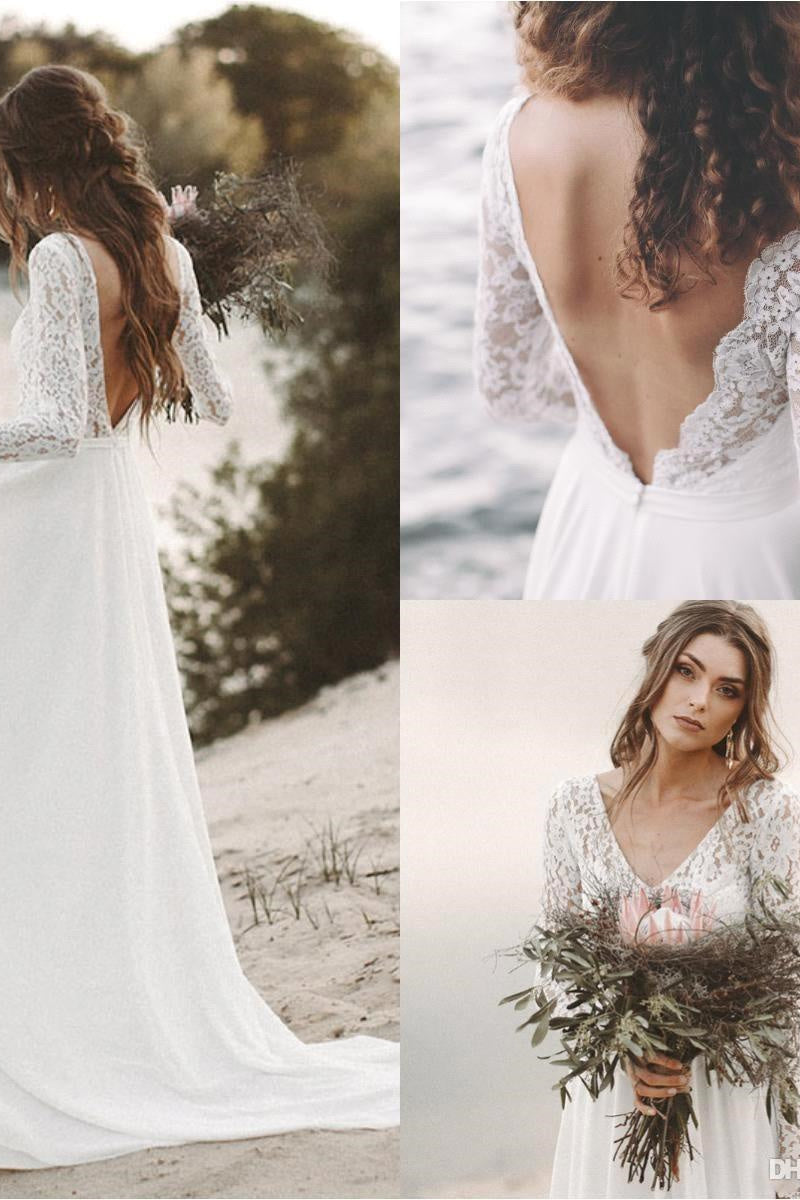 A-Line V-neck Floor-length Long Sleeve Lace Appliques Lace Wedding Dress-Ballbella