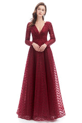 A-line V-neck Floor-length Long Sleeve Lace Sequined Prom Dress-Ballbella