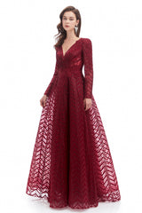 A-line V-neck Floor-length Long Sleeve Lace Sequined Prom Dress-Ballbella