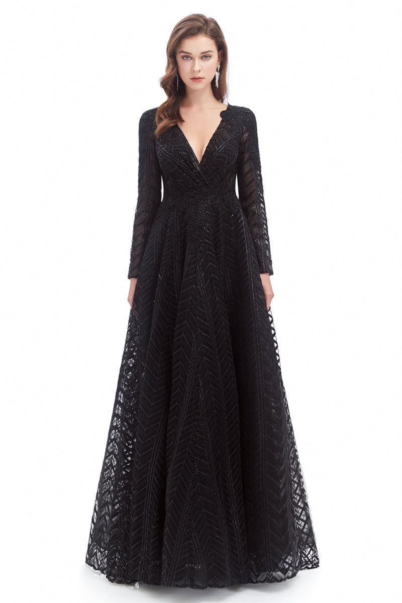 A-line V-neck Floor-length Long Sleeve Lace Sequined Prom Dress Ballbella A-line V-neck Floor-length Long Sleeve Lace Sequined Prom Dress Ballbella