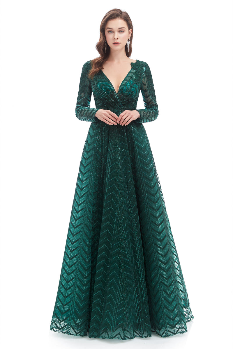 A-line V-neck Floor-length Long Sleeve Lace Sequined Prom Dress Ballbella A-line V-neck Floor-length Long Sleeve Lace Sequined Prom Dress Ballbella