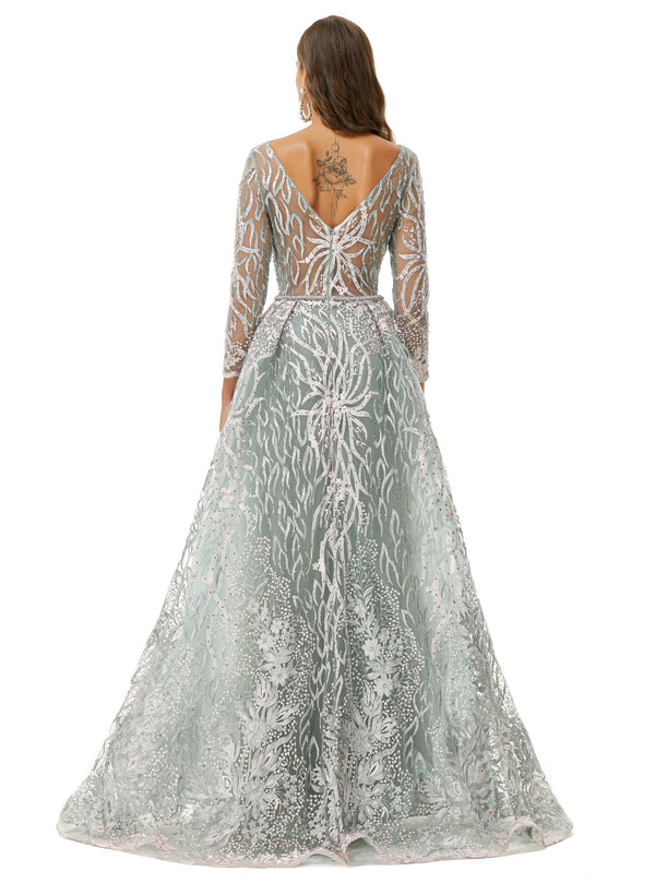A-line V-neck Floor-length Long Sleeve Open Back Appliques Lace Prom Dress-Ballbella