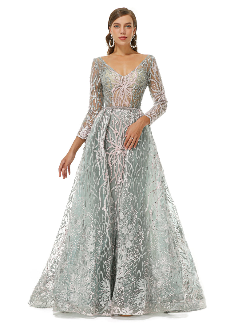 A-line V-neck Floor-length Long Sleeve Open Back Appliques Lace Prom Dress-Ballbella