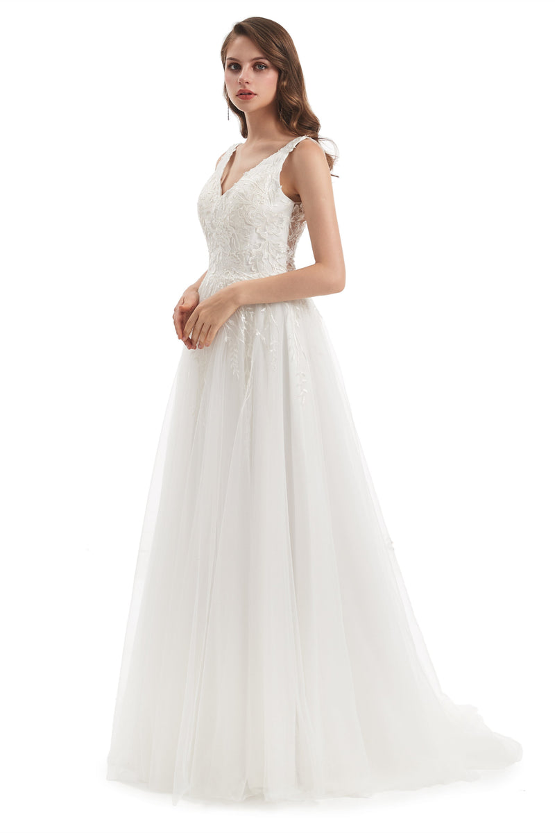A-line V-neck Floor-length Sleeveless Backless Appliques Lace Wedding Dress-Ballbella