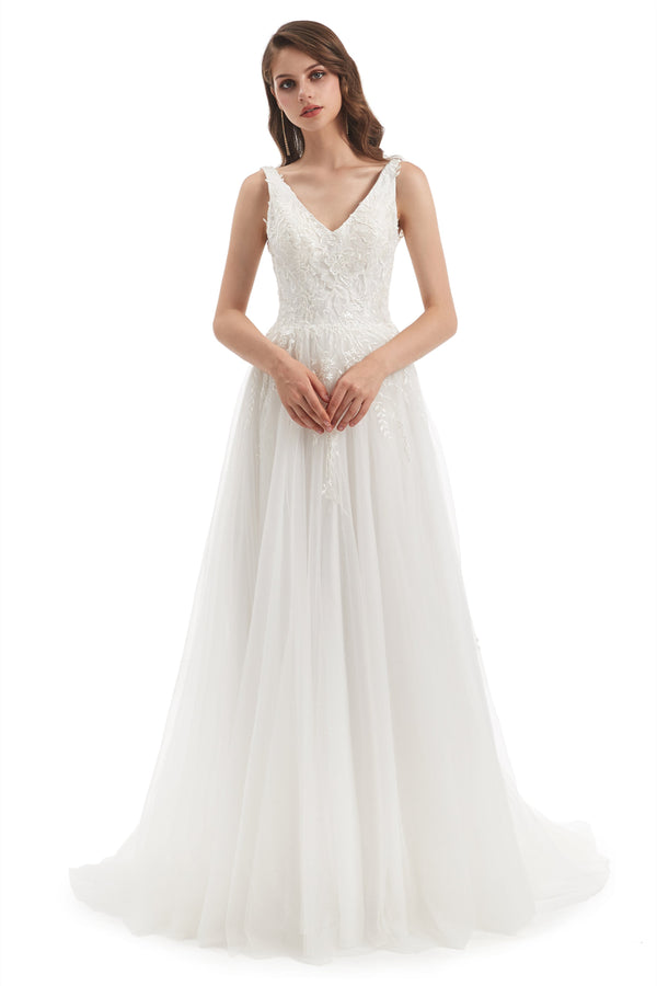 A-line V-neck Floor-length Sleeveless Backless Appliques Lace Wedding Dress-Ballbella
