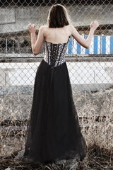 A-line V-neck Floor Length Tulle Rhinestone Corset Prom Dress-Ballbella