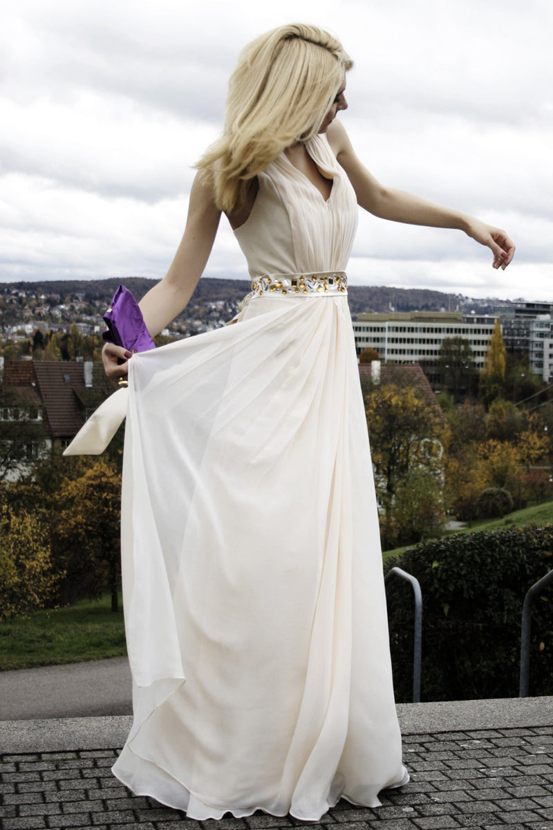 A-line V-neck Halt Floor Length Chiffon Rhinestone Evening Dress A-line V-neck Halt Floor Length Chiffon Rhinestone Evening Dress