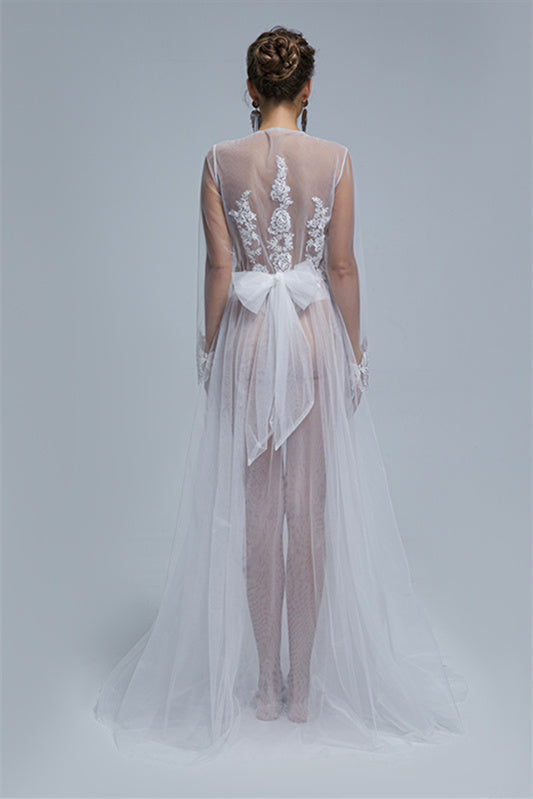 A-line V-neck High Split Tulle Floor-length Long Sleeve Appliques Lace Wedding Dress Cover-Ballbella
