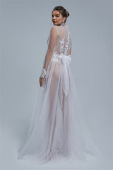 A-line V-neck High Split Tulle Floor-length Long Sleeve Appliques Lace Wedding Dress Cover-Ballbella