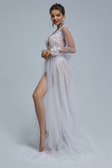 A-line V-neck High Split Tulle Floor-length Long Sleeve Appliques Lace Wedding Dress Cover-Ballbella