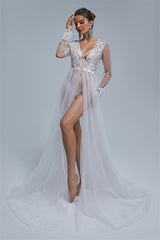 A-line V-neck High Split Tulle Floor-length Long Sleeve Appliques Lace Wedding Dress Cover-Ballbella