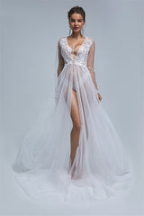 A-line V-neck High Split Tulle Floor-length Long Sleeve Appliques Lace Wedding Dress Cover-Ballbella