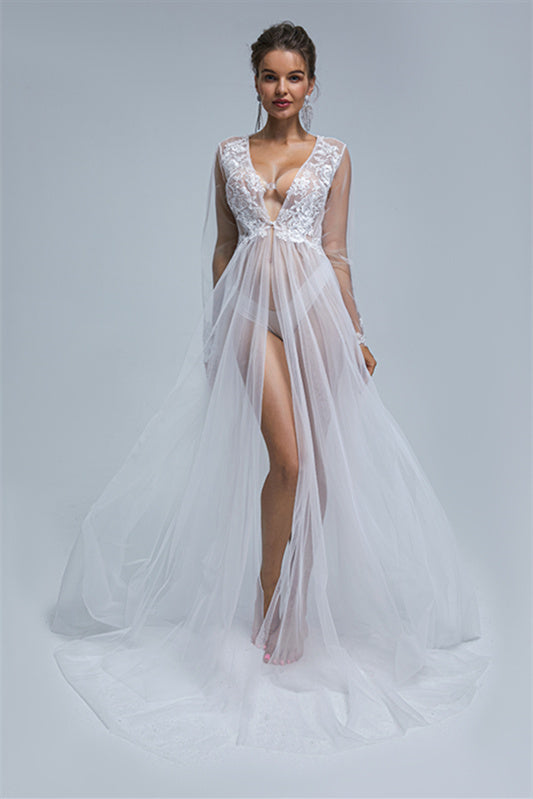 A-line V-neck High Split Tulle Floor-length Long Sleeve Appliques Lace Wedding Dress Cover-Ballbella
