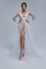 A-line V-neck High Split Tulle Floor-length Long Sleeve Appliques Lace Wedding Dress Cover-Ballbella
