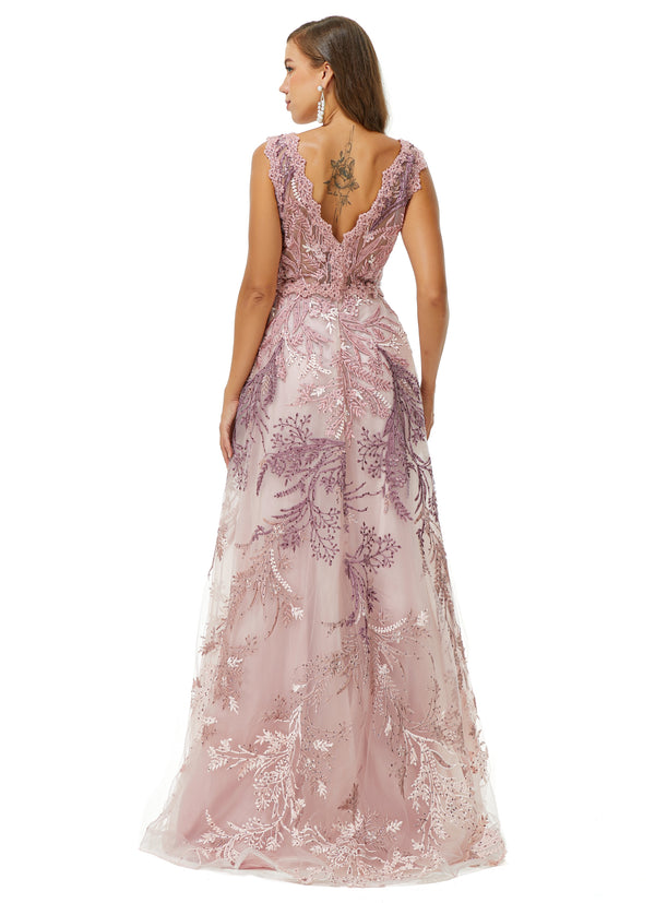 A-line V-neck Lace Beaded Applique Floor-length Sleeveless Prom Dress-Ballbella