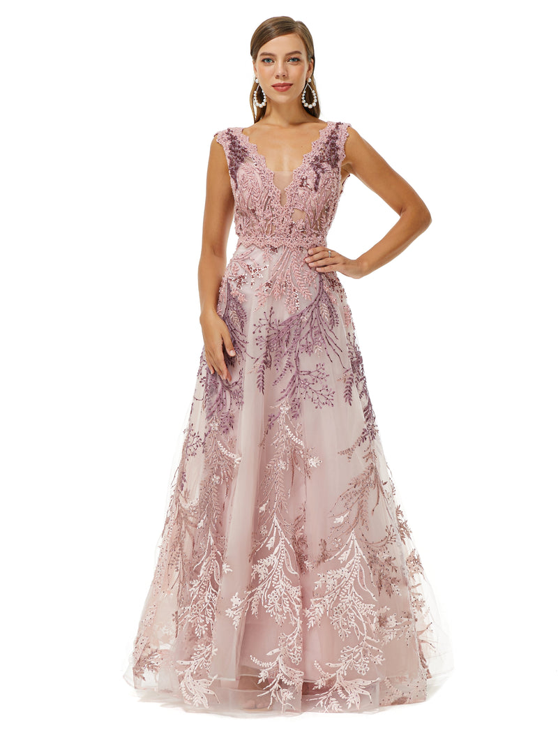 A-line V-neck Lace Beaded Applique Floor-length Sleeveless Prom Dress-Ballbella
