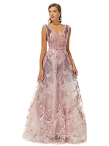 A-line V-neck Lace Beaded Applique Floor-length Sleeveless Prom Dress-Ballbella
