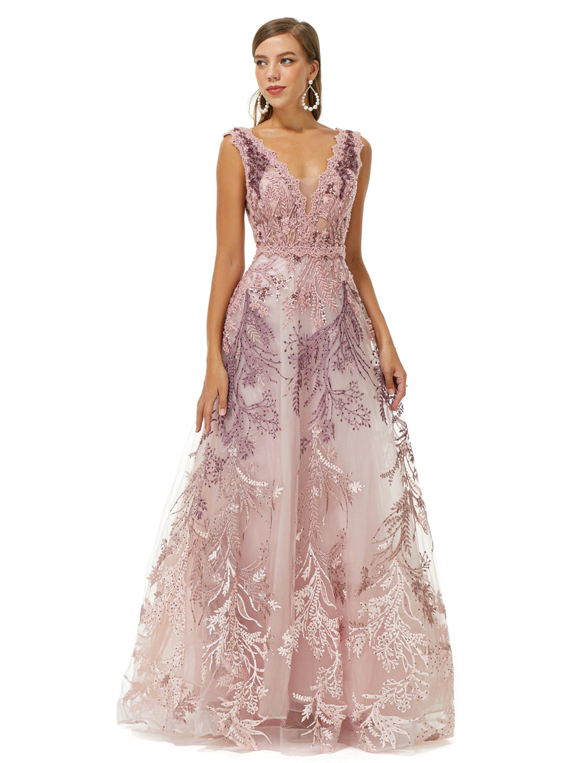 A-line V-neck Lace Beaded Applique Floor-length Sleeveless Prom Dress-Ballbella