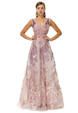 A-line V-neck Lace Beaded Applique Floor-length Sleeveless Prom Dress-Ballbella