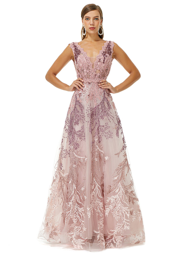A-line V-neck Lace Beaded Applique Floor-length Sleeveless Prom Dress-Ballbella
