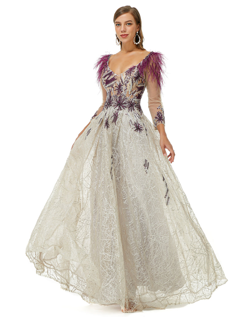 A-line V-neck Lace Floor-length Long Sleeve Open Back Beading Prom Dress-Ballbella