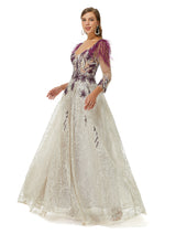 A-line V-neck Lace Floor-length Long Sleeve Open Back Beading Prom Dress-Ballbella