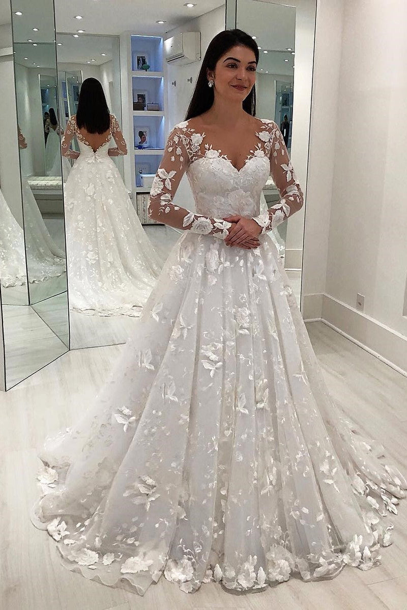 A-line V-neck Long Sleeve Floor Length Chapel Tulle Crochet Flower Wedding Dress-Ballbella