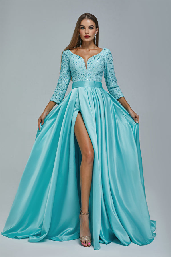 A-line V-neck Long sleeves Floor-length Backless High Split Satin Lace Crystal Detailing Beautiful Prom Dress-Ballbella