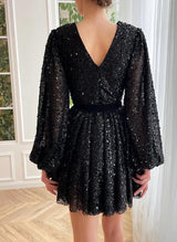 A-Line V-Neck Long Sleeves Short/Mini Sequined Homecoming Dresses-Ballbella